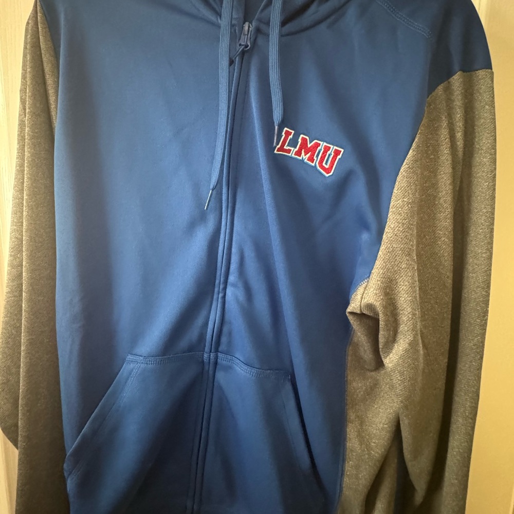 LMU University Brand New Blue and Gray Zip Up Sweater with Hood